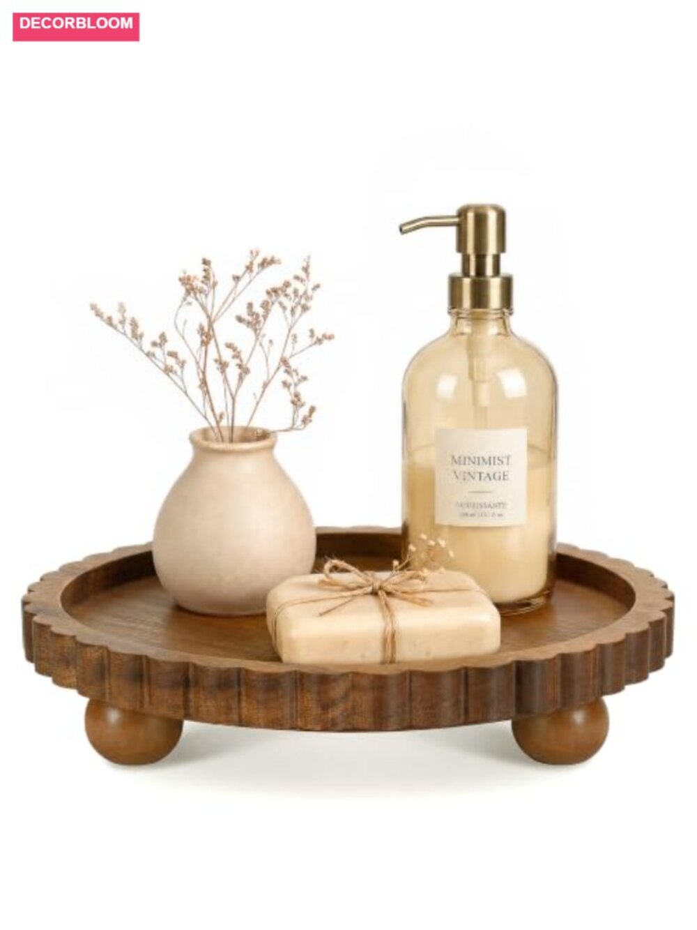 Acacia Wood Round Decorative Tray Scalloped Rim Vanity Key Organizer 12"
